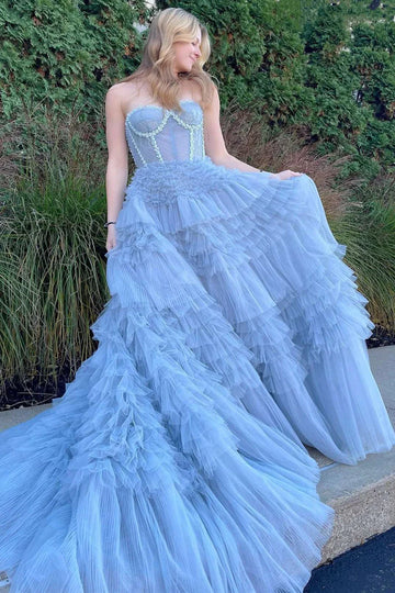 Blue Princess A-line Strapless Tiered Tulle Prom Dress Evening Dress HZ1023